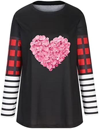 Tops do Dia dos Namorados para mulheres listradas de xadrez camisetas de manga comprida Top Love Blush Print Blouse Fall