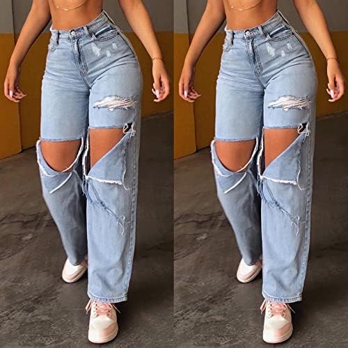 Miashui jeans cintura ladies vintage azul na cintura alta rasgada calça jeans reta calça jeans calças jeans para mulheres