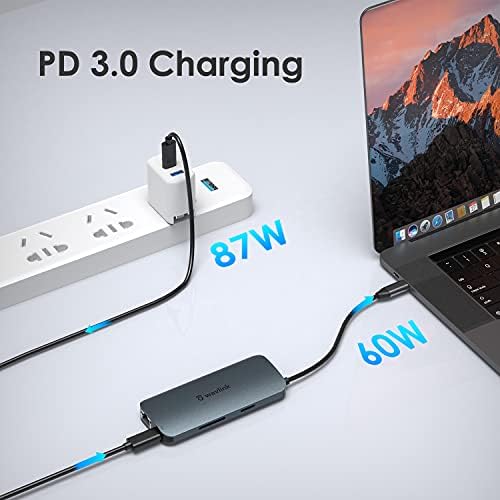 Wavlink USB C Hub 8 em 1, Display dual 4K, carregamento de 65w, 2 × USB-A, Ethernet, Leitor SD/TF, para MacBook Pro, Windows, Thunderbolt