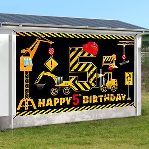 Construção Decorações de banner de 5º aniversário para crianças meninos, tema de construção de caminhões bascula