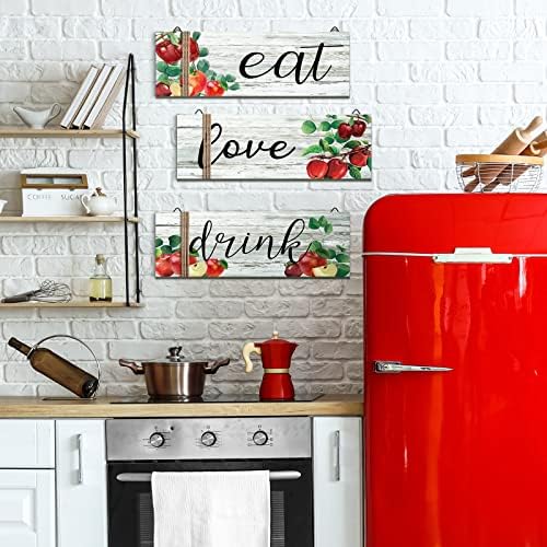 3 PCs Red Decoração de parede de cozinha de maçã vermelha Coma sinal pendurado Arte de madeira sinal de cozinha Eat Drink Love