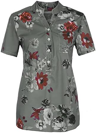 Ladies Summer tops retro floral impressa túnicos de manga curta casual solto 1/4 botão para baixo tshirts de colarinho de