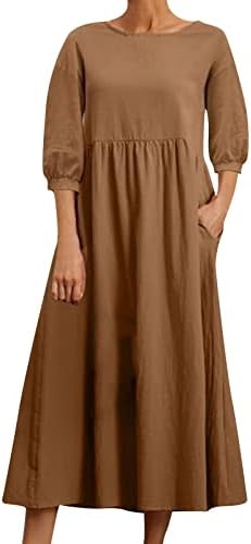 Vestido para mulheres 2023 Casual Solid Cotton e linho vestido comprido com vestido solto maxi fúcsia vestido