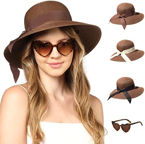 Chapéus de praia funcredíveis para mulheres - chapéu de sol do panamá com óculos de formato de coração - Fedora de verão Roll Up Packable Hat UPF 50+