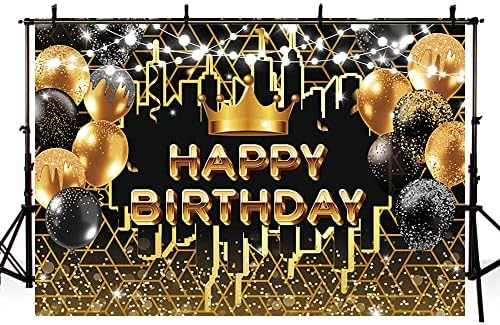 Sendy Sendy 7x5ft Black Gold Feliz Aniversário Centro para homens Mulheres Glitter Bokeh Spot Balloons City Crown Cerimônia
