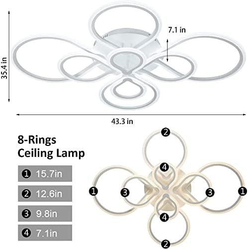 WQBYLF Modern LED teto Luz com controle remoto para a sala de estar quarto de teto diminuído de teto 110w 8 anéis lâmpadas de