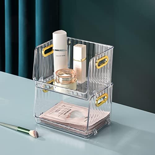 Anminy 2pcs Clear Cosmetic Storage Bins com alças douradas frontais abertas Vaidade de maquiagem de desktop empilhável Organizador