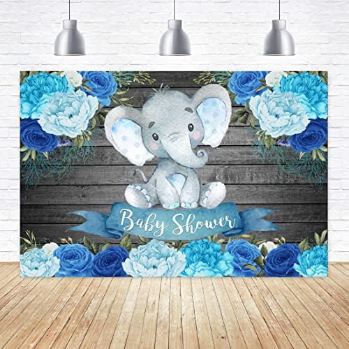 Aperturee menino elefante elefante chá de bebê pano de fundo de 5x3 pés azul floral flores aquarela flores de madeira rústica textura