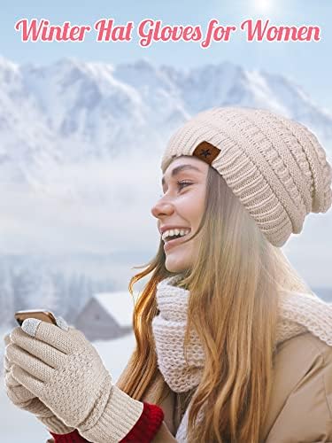 6 PCs Luvas de chapéus de inverno Conjunto, 3 PCs Chapéus de malha de inverno e 3 pares de luvas de tela sensível ao toque quente