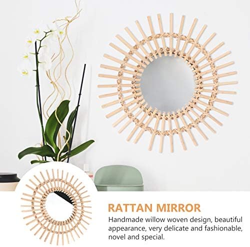 Hemoton Rattan Mirror Handmade Holding Collection Circle espelhos de parede Montada com parede Retro Bohemian Terceneiro espelho de