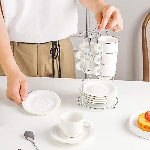Conjunto de xícaras de expresso de porcelana Koov, xícaras de café com pires e suporte de metal, 2,5 onças de xícara de café