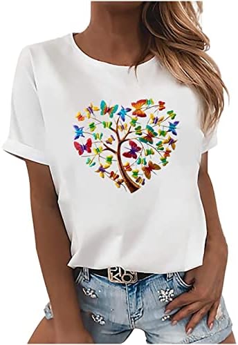 Crewneck tops para feminino verão outono de manga curta Butterfly Heart Love Bloups Graphic Bloups Tshirts Ladies 2023 QV