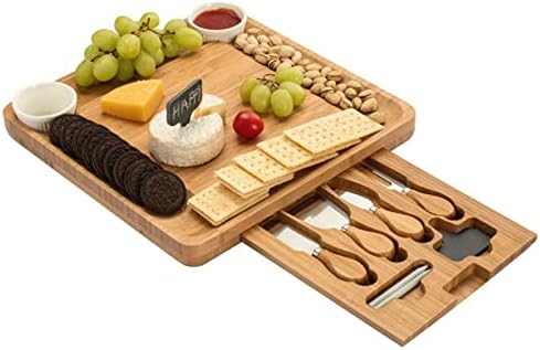 Fiddaa grande conjunto de placas de charcutaria, quadro de queijos e faca, tábua de queijo de bambu, conjunto de queijos