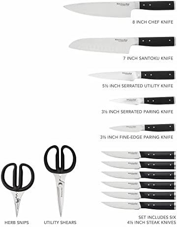 KitchenAid Gourmet 14 peças forjado bloqueio de faca de rebite triplo com apontador de faca embutido, facas de cozinha