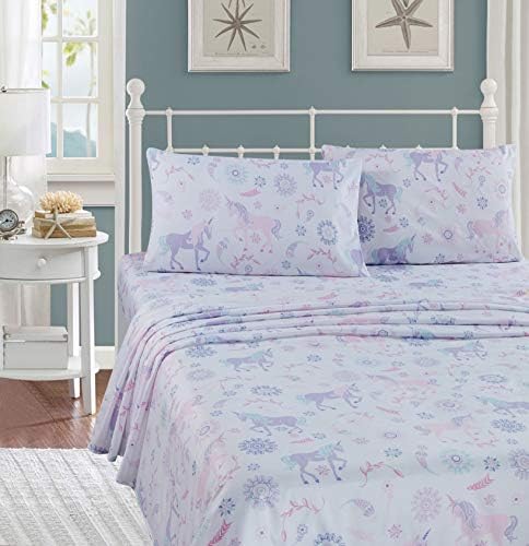 Linen Plus Sheet Sheet Kids/adolescentes Unicorn Flores florais brancas de lavanda roxa rosa aqua novo unicórnio branco