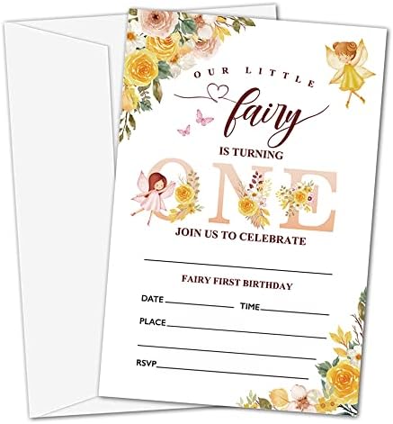1ª Floral Fairy Girl Birthday Invitation, Primeiro Garden Invitation Cards for Kids, Girls, 20 Convites de preenchimento