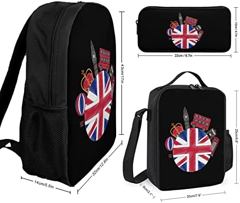 Bandeira do Reino Unido Big Ben Bus School Backpack Conjuntos para estudante fofo estampado estampado conjunto com lancheira isolada e caixa de lápis