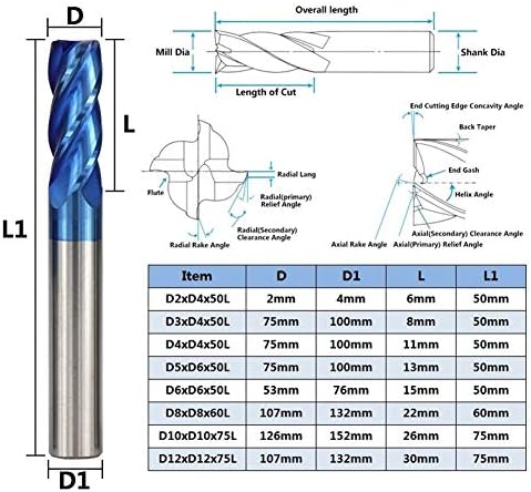 Conjunto de broca de peças XMEIFEI 8pcs 2-12mm nano azul revestido de carboneto revestido moinho de extremidade 50 cnc bit 4flute Firling Bit Ferramentas de moagem CNC