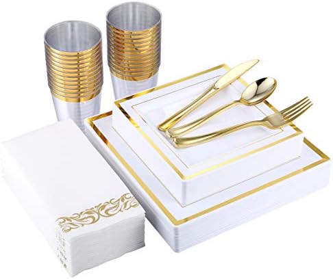 175 peças conjunto de jantar de ouro 25 hóspedes-50 placas plásticas quadradas-talheres de plástico de plástico dourado-copos