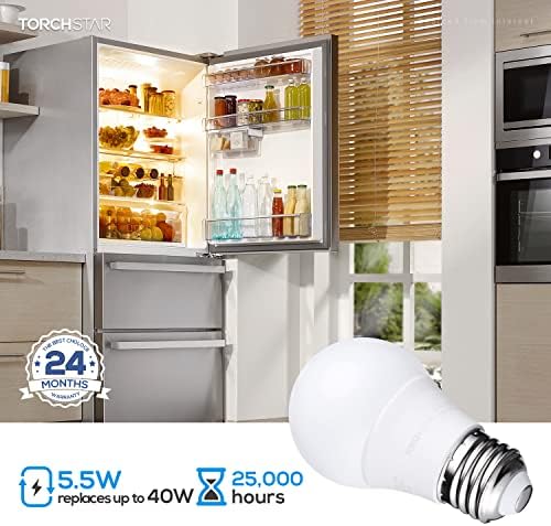 Lâmpada de geladeira Torchstar LED LED, lâmpadas pequenas A15, Dimmable, 3000k Warm White, 5,5W, 40W Bulbo de capuz de alcance equivalente,