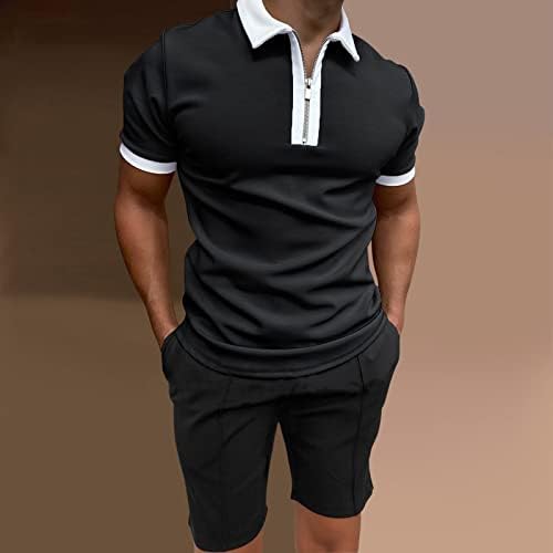Camisetas de verão para homens masculinos casuais casuais de duas peças colarinho de zíper de mangas curtas suítes de