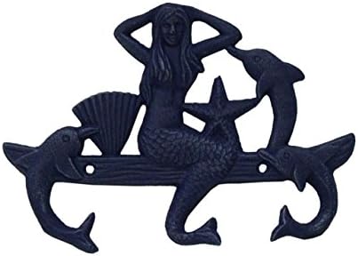 Hampton náutico de sereia de ferro fundido com ganchos de golfinhos, 9 , azul rústico