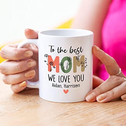 Presentes personalizados da mãe de filha ou filho, para mamãe nós amamos você caneca, crianças nomes de café caneca para mamãe, canecas personalizadas para mamãe, canecas de café para mamãe, presente para ela, copos de café personalizados para mãe 11 onças 15 onças