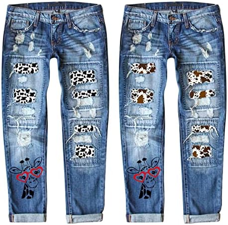 Sobre calças para mulheres altas de moda feminina estampa de moda de jeans de jeans de jeans com jeans de jeans rasgados