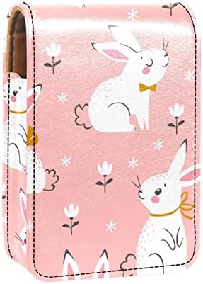 Coelhinho de coelho rosa coelho de couro floral maquiagem de maquiagem de batom, saco de batom com espelho para mulheres