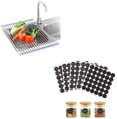 ROLL UP DISH SCOTE RATCA SOBRE A PEDADA 20,5 x 13,7 sobre a pia de prato de secagem na esteira de prato de cozinha e 180 rótulos de especiarias para recipientes de alimentos, etiquetas de quadro -negro adesivos pré -impressos