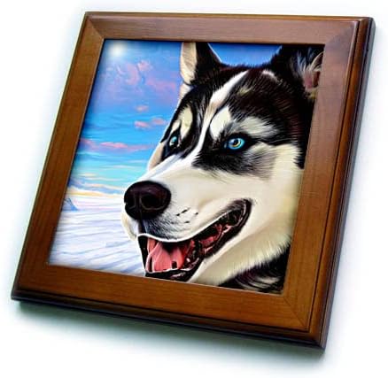 Retrato de cachorro husky siberiano 3drose. Céu azul, neve branca. Arte digital. - ladrilhos emoldurados