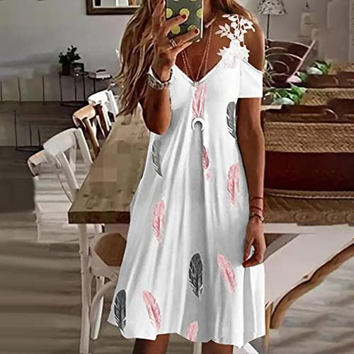 Mulheres casuais sexy v vestido de verão de verão ombro frio de manga curta vestido de camiseta estampa floral A-line Flowy