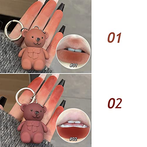 Pesera Keychain Bear batons, 2 em 1 Urso Keychain Velvet Matte Lip Lip Lama, à prova d'água, lama de lábios de barro com duração mais duradoura, brilho labial de urso com chaveiro, para meninas e mulheres