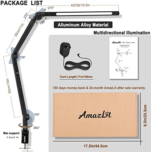 Lâmpada de mesa da AmazLit com braçadeira, lâmpada de mesa de braço oscilante, escurecimento e temperatura de cor