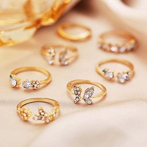 Yheakne Boho Rings Definir anéis de knuckle de shortão de ouro empilhando os anéis de dedo MIDI de cristal anéis de moda Acessórios para mulheres e meninas adolescentes