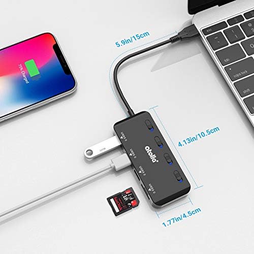 Leitor de cartão SD USB, Atolla USB Hub com SD/Micro SD Card Reader, Splitter USB com 3 portas USB, 2 slots de cartão e interruptores de energia LED individuais