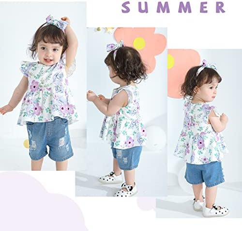 Criança de árvore mais jovem Roupas meninas de menina floral Camisa de manga curta Tops + shorts de jeans rasgados Roupas