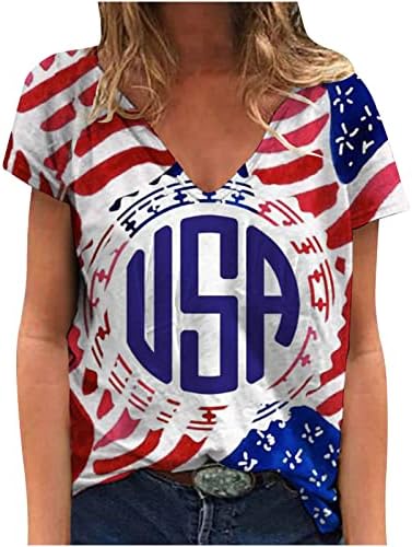 V Caps de pescoço Mulheres Manga curta Independence Day Flag Graphic Dupe Slim Tunic Casual Tops Bustier Shirts Girls