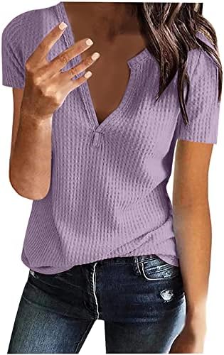 Camise de blusa de outono de verão para feminino 2023 manga curta v algodão liso lish largo ajuste relaxado lounge top qq qq