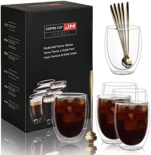 Jnsmfc 12 oz de canecas de café de parede dupla de 6 com 6 colheres, copos de café expresso de café com vidro térmico isolado, canecas de café com vidro de vidro de borossilicato transparentes, perfeito para café com leite, chá, leite, bebida fria, cappuccino