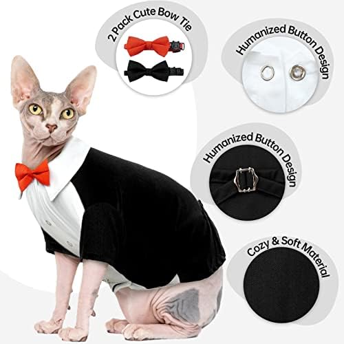 Camisa de smoking de gato sem pêlos de cabelos, roupas de gato para gatos apenas traje de roupa de casamento de gatos com 2 PCs