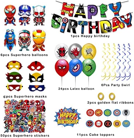 Laoyeboho 106 PCs Suprimentos de decoração de festas de aniversário de super -heróis para meninos meninas e adultos Superhero Decorações de festas de aniversário, incluindo banners de aniversário, balões, máscaras, enforcamentos em espiral