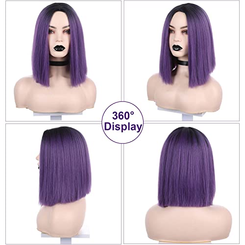 WocO ombre Ash Purple Wig Length Wigs Hair Parte Média Parte curta de peruca reta Perucas sintéticas com raízes escuras de aparência