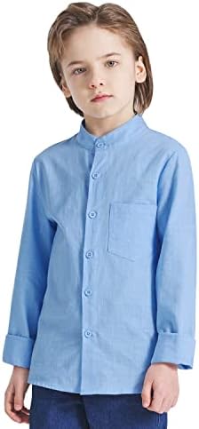 Eymicory Boys Button Down camisa de manga longa casual linho de algodão garotas camisetas camisetas de verão com um bolso