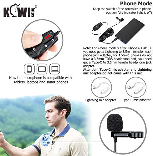 Kiwifotos Microfone Lavalier de lapela omnidirecional com adaptador de 3,5 mm a 6,35 mm, microfone de lavatório de clipe
