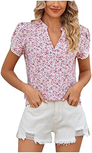 Torneira de renda feminina Blusa curta Blusa Summer Summer V Neck Casual Floral Print Tee Tshirts Tops