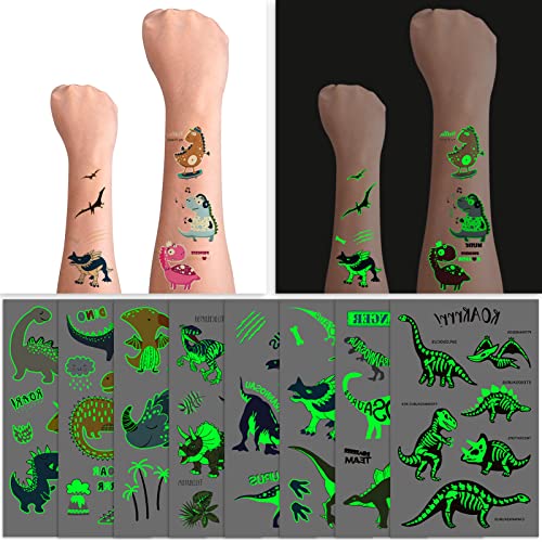 Lunem 24 lençóis brilham nas tatuagens temporárias escuras, tatuagens temporárias de dinossauros luminosos verdes para crianças, festa de aniversário de dinossauros - para meninos bonitos meninos