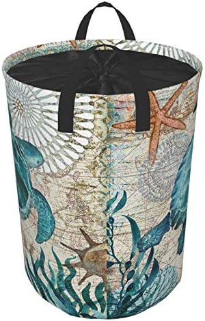 Grande cesta de armazenamento redondo com alças, impressão digital de padrão de animal de tartaruga marinha, cesto de lavanderia do