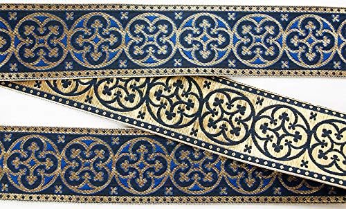 2¼ vestimenta Jacquard Trim Pugin Cross Gold no Trefoil Gótico Azul Real 3 jardas