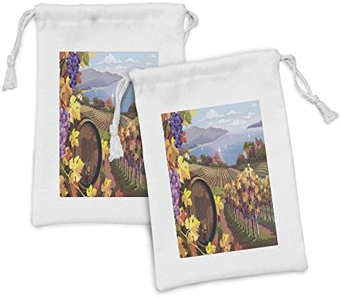 Conjunto de bolsas de tecido de vinícola de Ambesonne de 2, paisagem da paisagem da paisagem Agricultura da estação de vinho da estampa na fazenda, pequenas bolsas de cordão para máscaras e favores de produtos de higiene pessoal, 9 x 6, amarelo azul